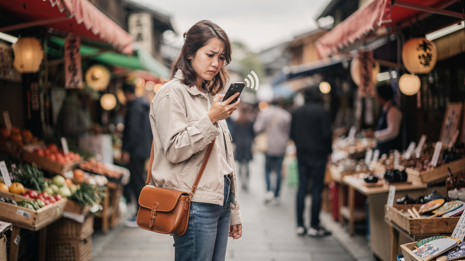Seorang pelancong memeriksa sinyal ponselnya di tengah pasar tradisional yang ramai di Kyoto, Jepang, dengan ekspresi sedikit cemas.