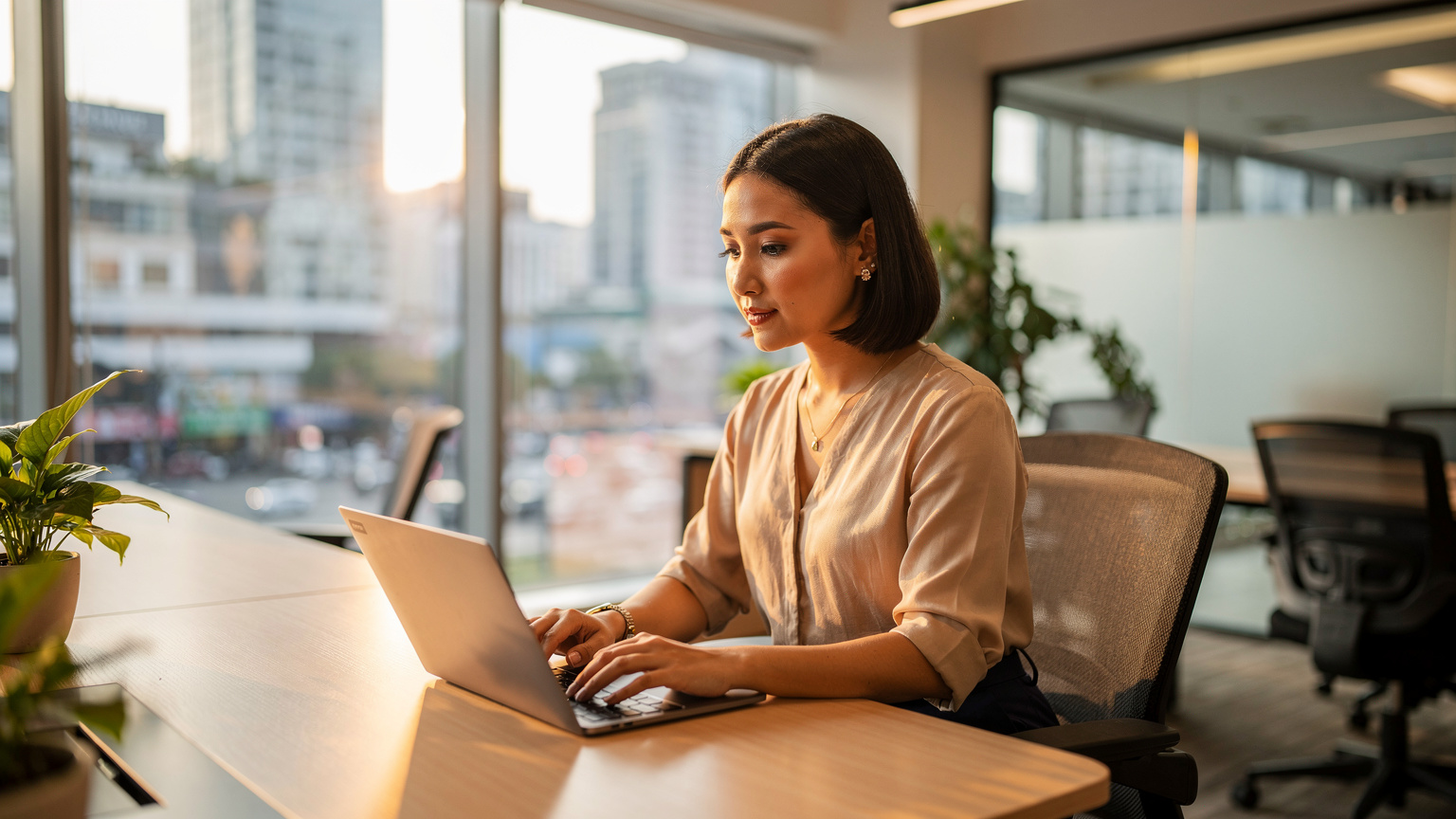 Seorang wanita muda tengah serius bekerja di laptopnya di sebuah co-working space yang modern dan terang di Jakarta Selatan, dengan pemandangan kota di latar belakang.