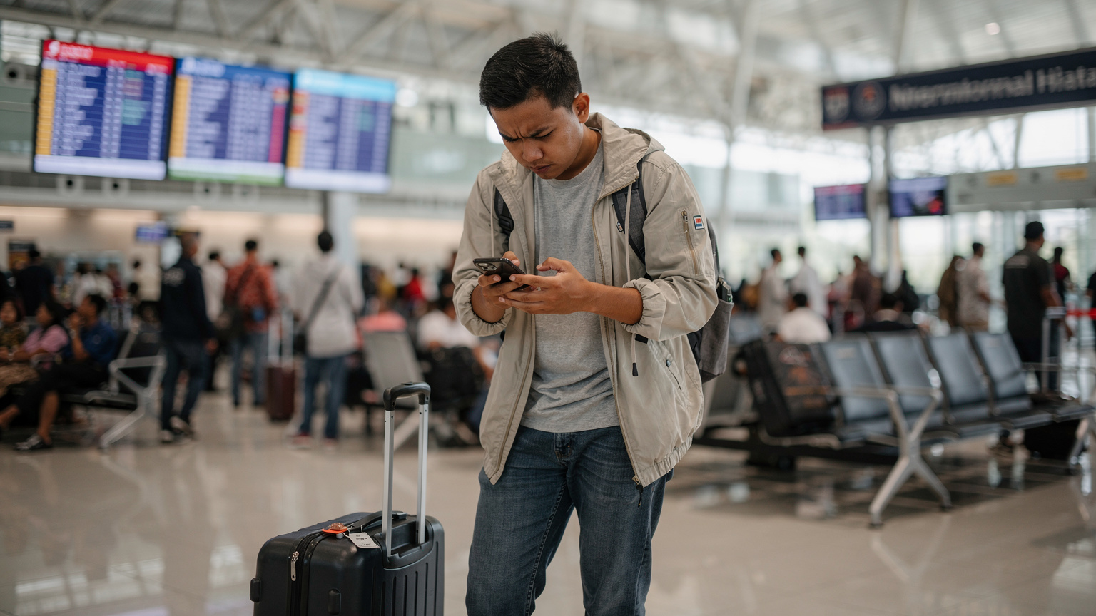 Seorang pelancong terlihat frustrasi saat mencoba menggunakan ponselnya di area keberangkatan bandara yang ramai, dengan koper di sampingnya, menunjukkan masalah konektivitas.