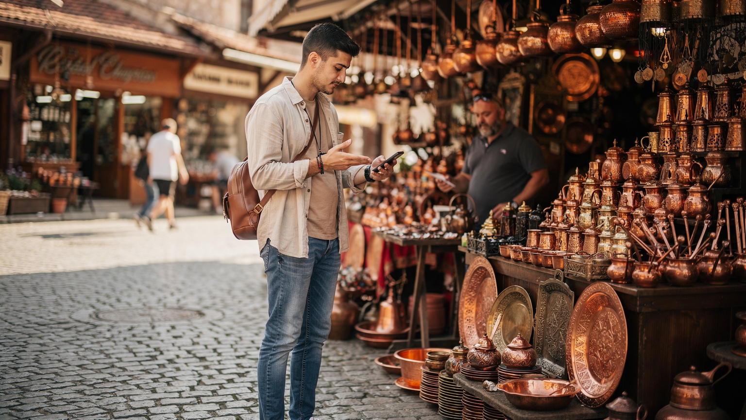 Saraybosna'da tarihi Başçarşı'nın hareketli atmosferinde, yerel bir esnafın tezgahından alışveriş yaparken telefonundan haritayı kontrol eden bir gezgin.
