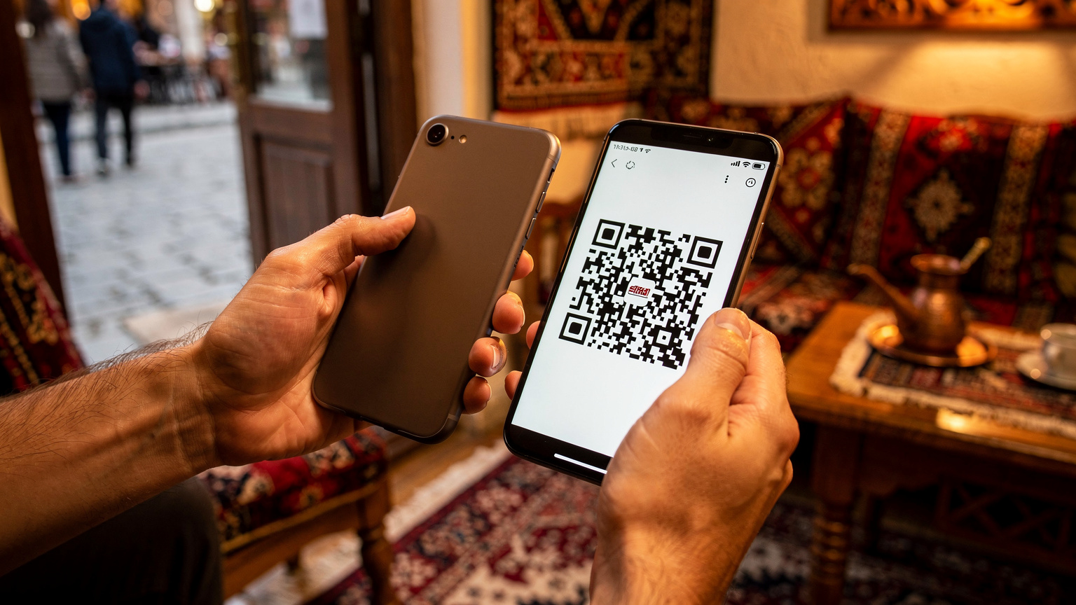 Bir kafede oturmuş, elindeki akıllı telefondan eSIM kurulumu için QR kodu tarayan bir gezginin yakın çekim görüntüsü. Arka planda Saraybosna'nın Başçarşı'sının hareketli sokakları bulanık bir şekilde seçiliyor.