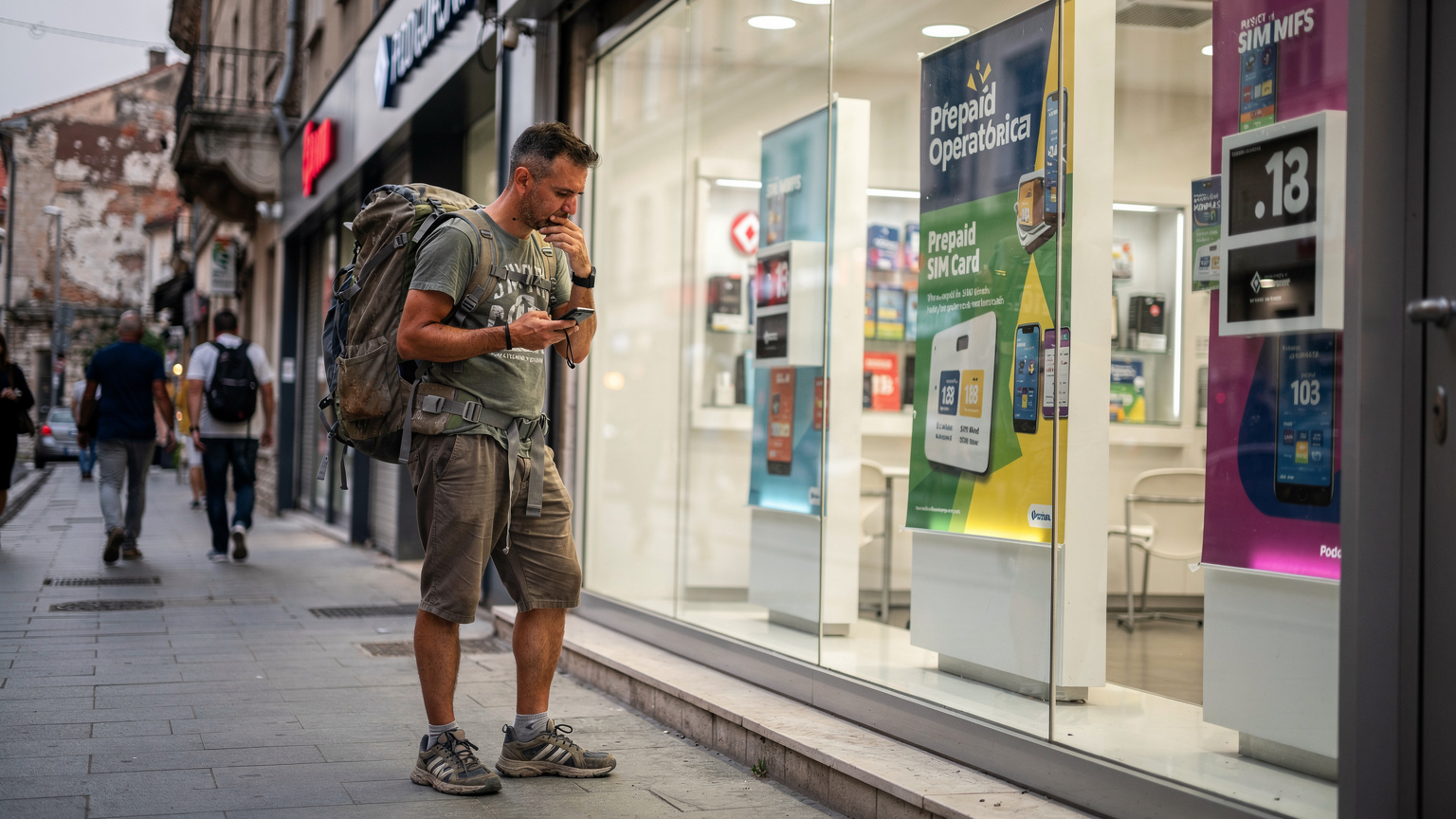 Cestovatel s batohem na zádech si v Podgorici prohlíží výlohu prodejny mobilního operátora, zatímco zvažuje koupi lokální SIM karty.