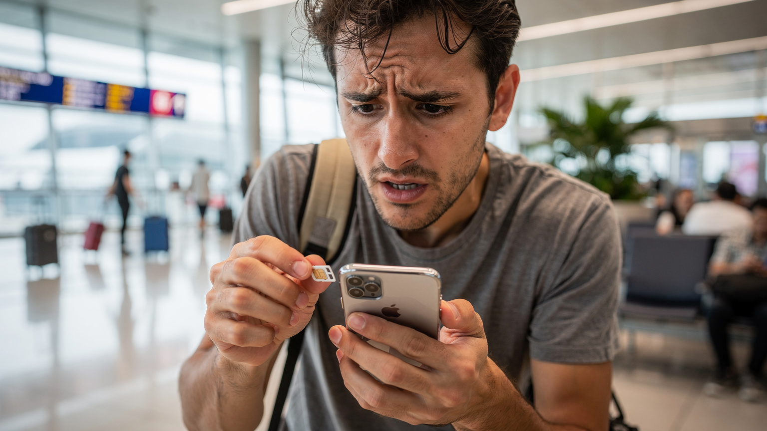 Một du khách đang loay hoay tìm cách lắp thẻ SIM vật lý vào chiếc iPhone X của mình tại sân bay Changi, Singapore, với vẻ mặt hơi bối rối.