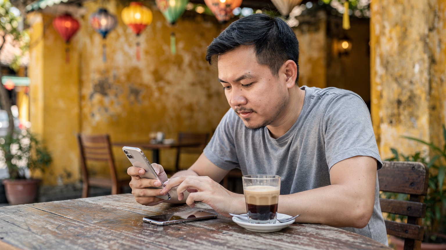 Một người đàn ông đang ngồi làm việc tại một quán cà phê ở khu phố cổ Hội An, Việt Nam, với chiếc iPhone X và cốc cà phê, tận hưởng kết nối WiFi miễn phí.