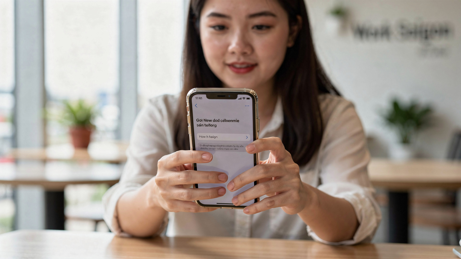 Một người phụ nữ trẻ đang kiểm tra cài đặt điện thoại của mình, với màn hình hiển thị tùy chọn 'Thêm gói di động', trong không gian quán cà phê Work Saigon ở quận 1, TP.HCM.