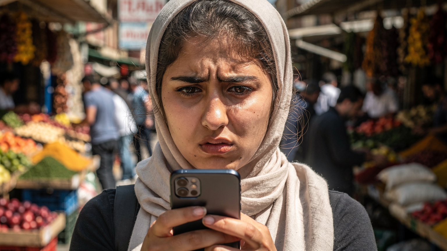 وجه امرأة عربية تظهر عليها علامات القلق أو الإحباط وهي تحمل هاتفها الذكي في يدها, في سوق مزدحم في تبليسي, جورجيا.