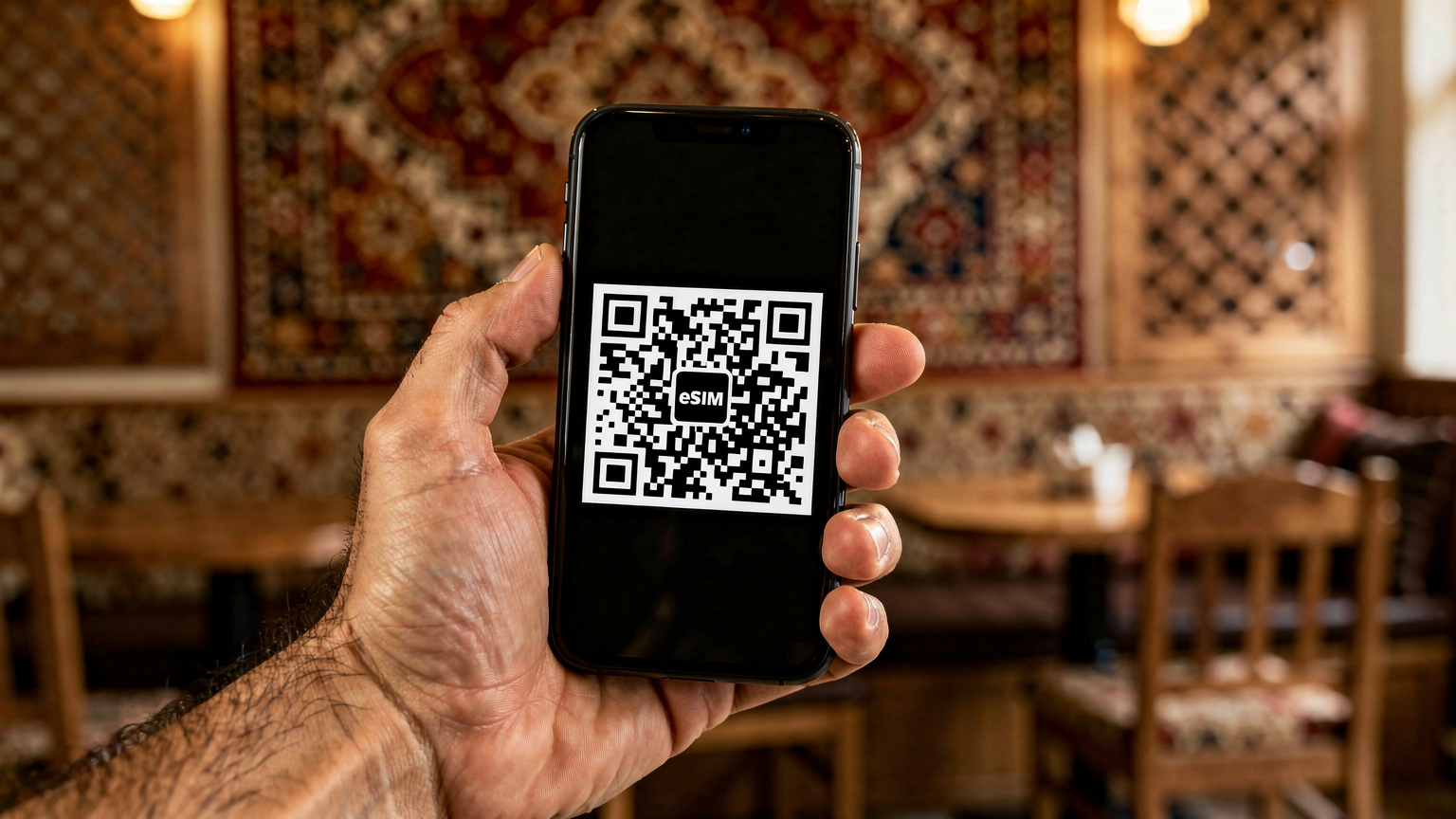 يد رجل عربي تحمل هاتفاً ذكياً يظهر عليه رمز QR كبير لتفعيل شريحة eSIM, بينما يجلس في مقهى تراثي في مدينة باكو القديمة, أذربيجان.
