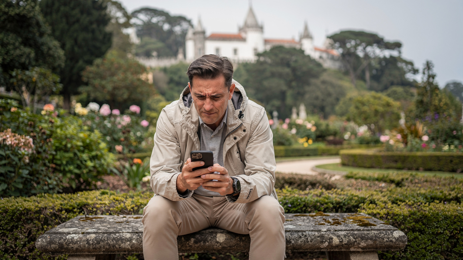 Um viajante, com expressão ligeiramente frustrada, a olhar para o seu iPhone 19 num banco de jardim em Sintra, com o Palácio Nacional ao fundo, enquanto tenta resolver um problema de conectividade.
