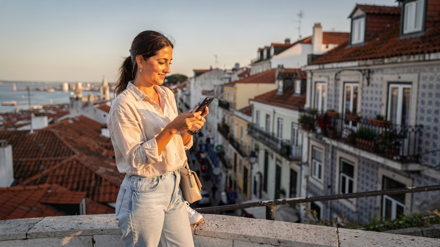 Uma mulher em Lisboa, no bairro de Alfama, a verificar o seu iPhone 19, com os icónicos telhados de fundo, enquanto desfruta da conectividade do seu eSIM.
