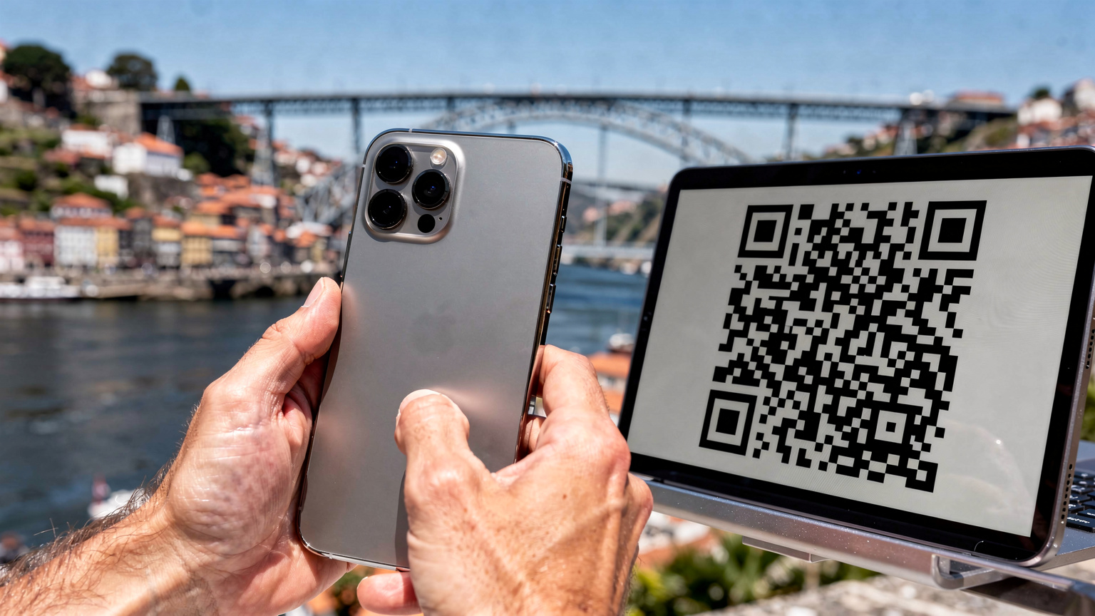 As mãos de um viajante a segurar um iPhone 19, a digitalizar um código QR de eSIM num ecrã, com o rio Douro e as casas coloridas do Porto em segundo plano.