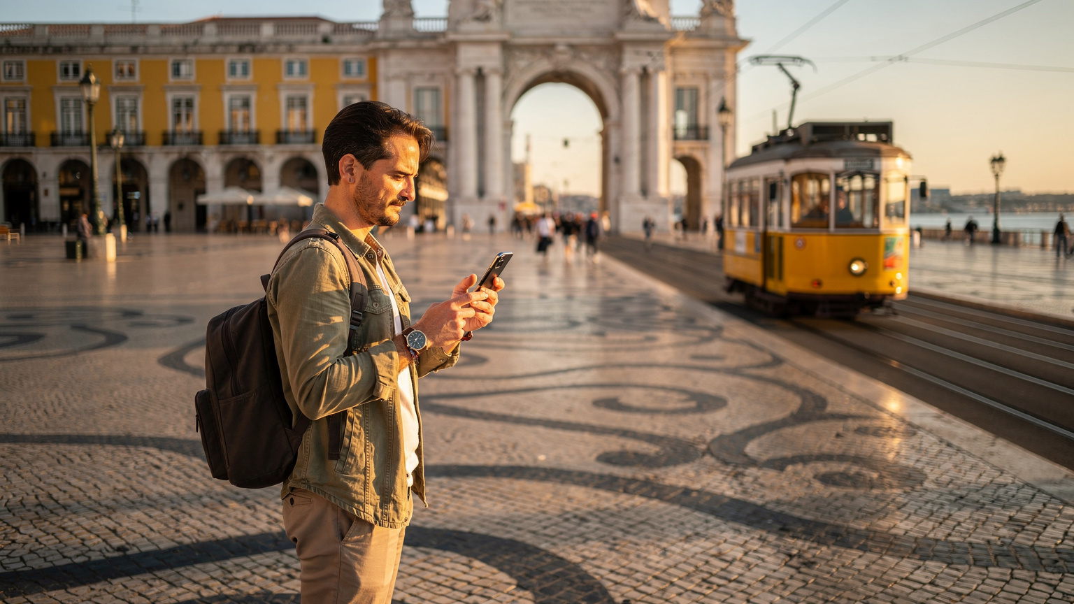 Um viajante a usar o seu iPhone 19 para consultar mapas enquanto espera por um elétrico histórico na Praça do Comércio, em Lisboa, durante a golden hour.