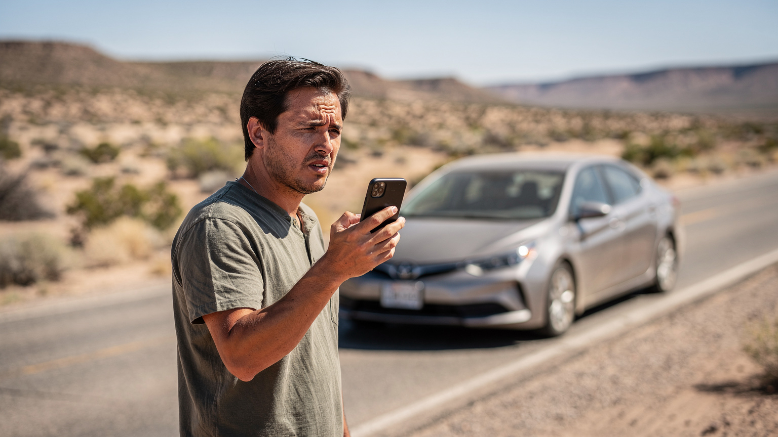Un viaggiatore frustrato cerca segnale sul suo smartphone in una zona remota degli Stati Uniti, con un'auto parcheggiata sullo sfondo e un paesaggio arido.