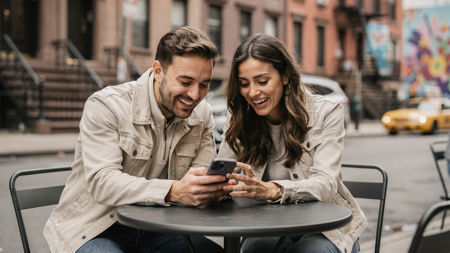 Due persone ridono mentre guardano lo stesso smartphone, sedute a un tavolo all'aperto in un caffè di quartiere a Brooklyn, New York, con un'atmosfera vivace e urbana.