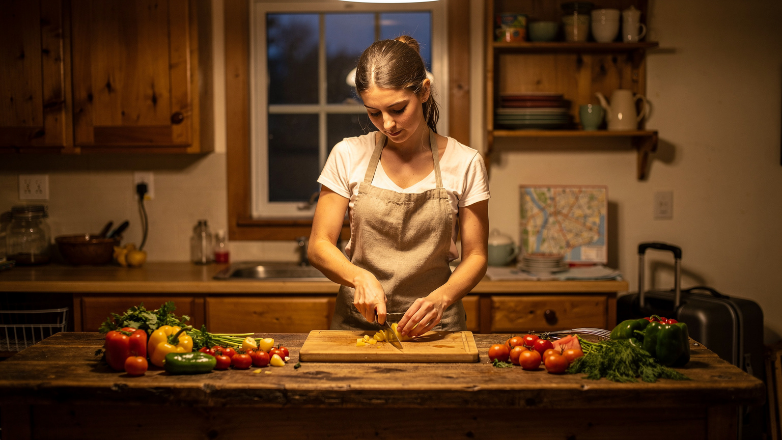 Una donna sta preparando un semplice pasto nella piccola cucina di un AirBnb accogliente, con ingredienti freschi sul bancone, suggerendo un approccio al risparmio durante il viaggio.