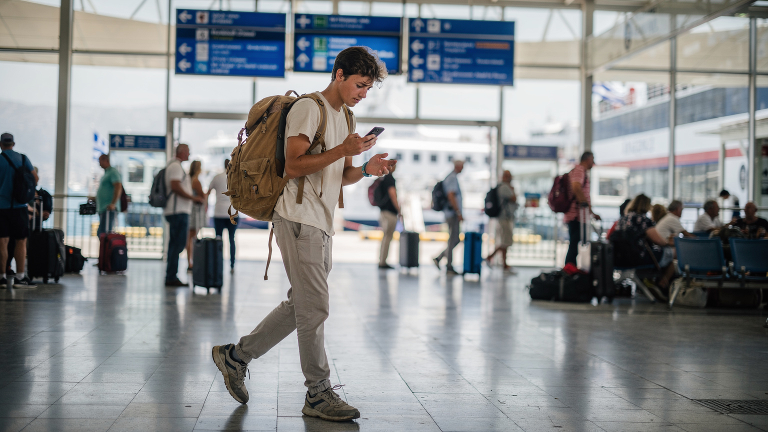 A backpacker confidently navigates a busy ferry terminal, smartphone in hand, checking a map, with other travelers and ferry signs in the background.