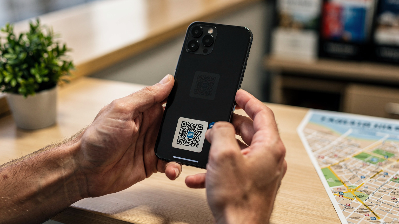 Close-up of hands holding a smartphone, scanning a QR code for eSIM activation, with a blurred hostel reception desk in the background.