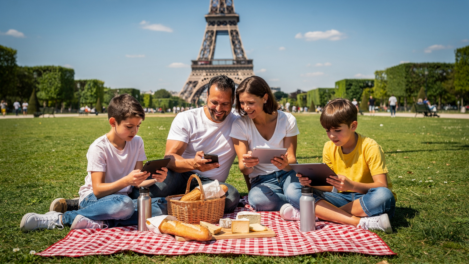A family enjoys a picnic by the Eiffel Tower in Paris, with one parent subtly checking their phone, which is providing a hotspot for the kids' tablets.