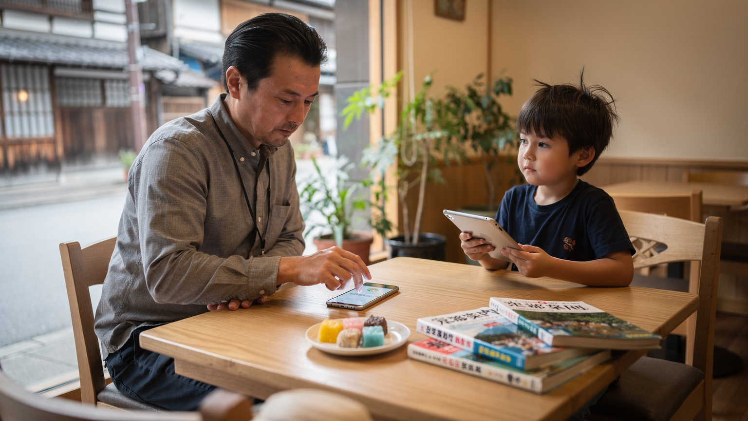 A digital nomad parent patiently sets up a portable hotspot on their phone for their child's tablet, surrounded by travel guides and local snacks on a cafe table in Kyoto.