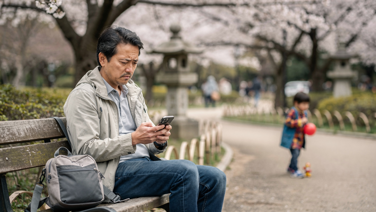 A frustrated parent sits on a park bench in Tokyo's Ueno Park, holding their phone, looking concerned about a lack of signal while their child plays nearby.