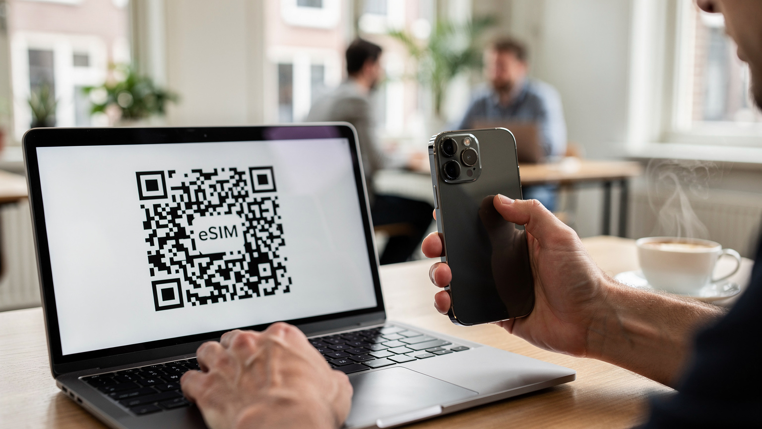 Close-up of hands holding a smartphone, scanning an eSIM QR code displayed on a laptop screen in a brightly lit co-working space in Amsterdam.