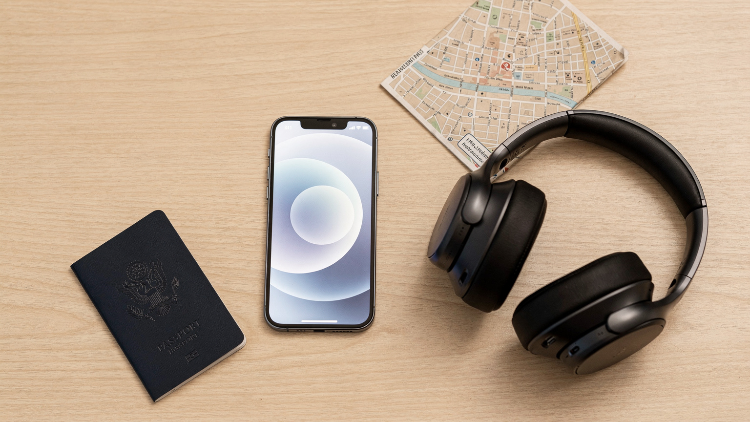 An overhead flat-lay of a minimalist travel setup: an iPhone displaying cellular settings, a passport, noise-canceling headphones, and a small, folded map of Paris.