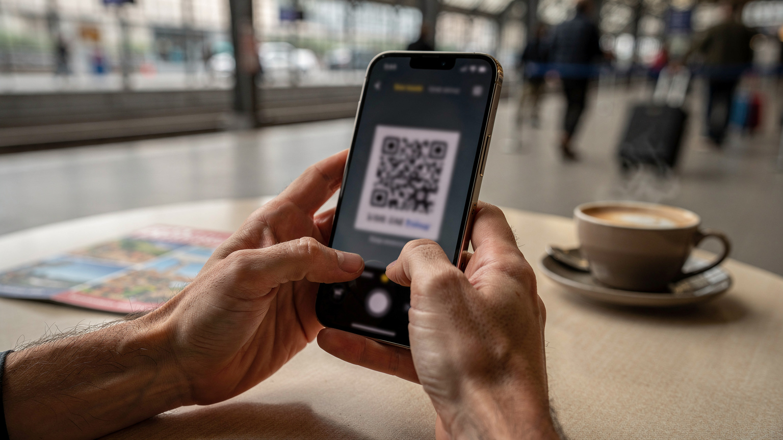 Close-up of human hands holding an iPhone, scanning a QR code for eSIM activation, with a blurred travel brochure in the background.
