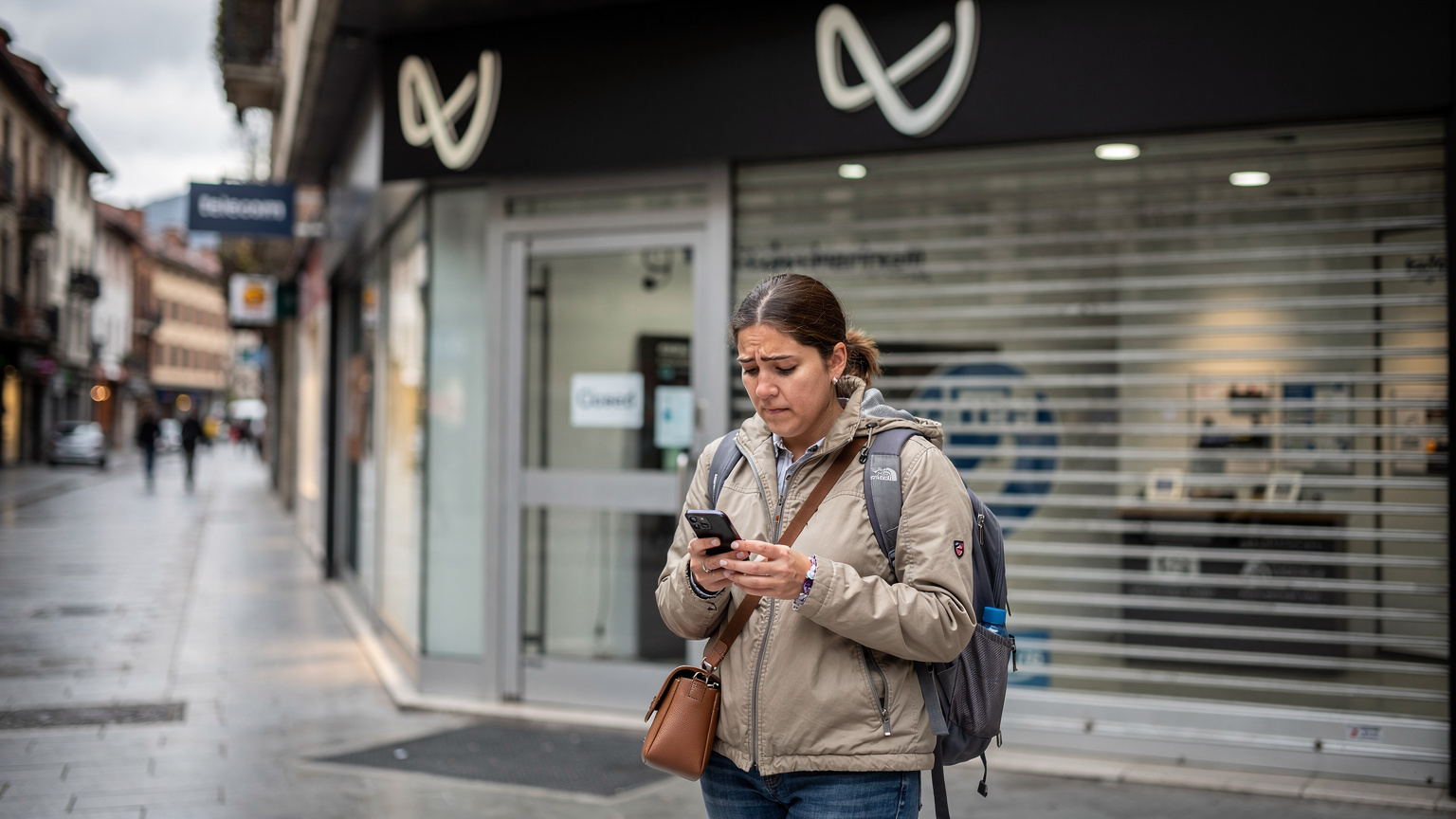 Eine Person steht vor einem Andorra Telecom Shop in Andorra la Vella, der gerade geschlossen ist, mit frustriertem Ausdruck, während sie auf ihr Smartphone blickt.