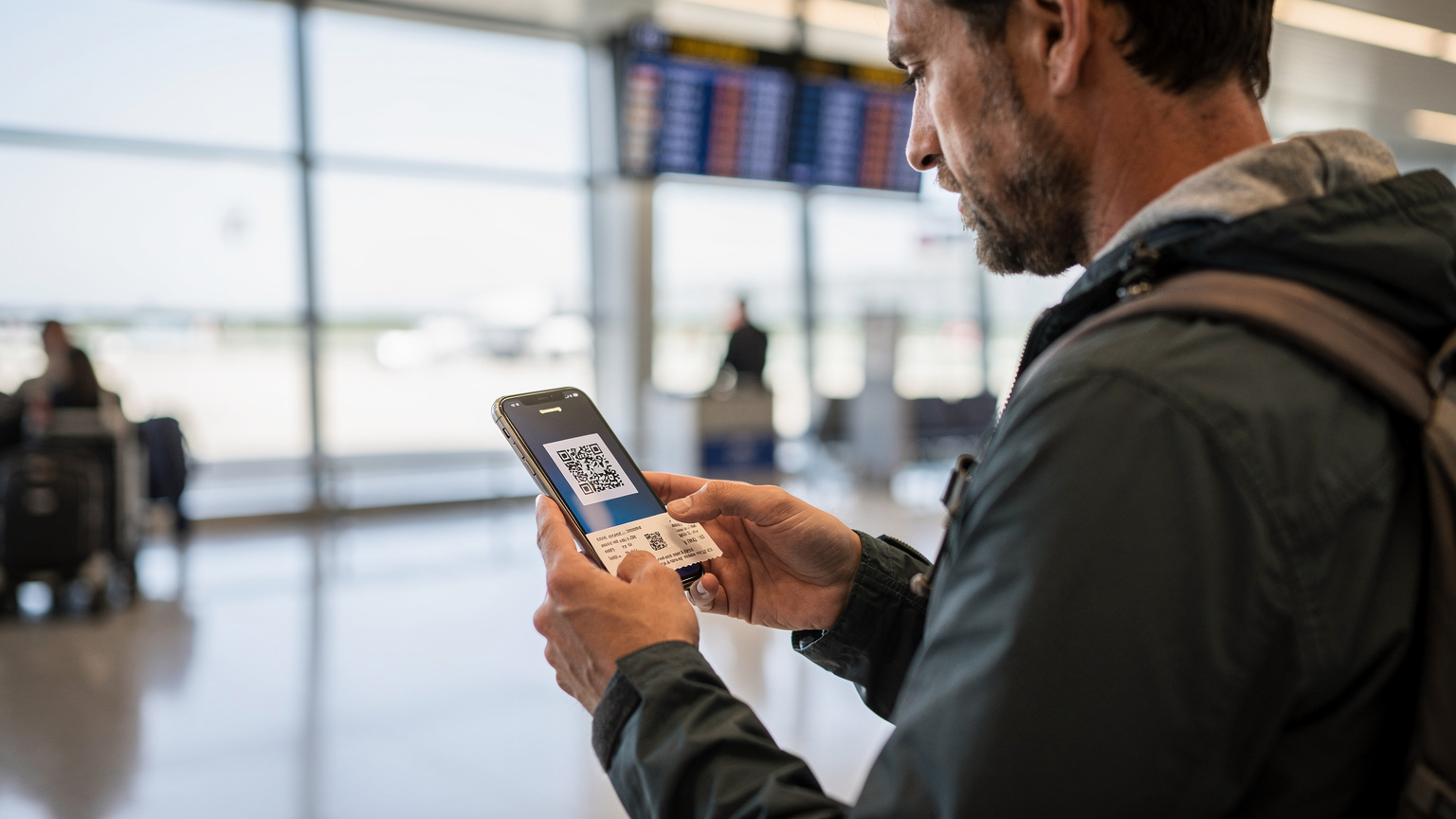 Ein Reisender am Flughafen von Barcelona scannt einen QR-Code auf seinem Smartphone, um eine eSIM für Andorra zu aktivieren, mit Flugsteiganzeigen im Hintergrund.