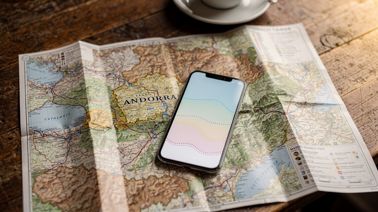 Eine detaillierte Karte, die Andorra, Spanien und Frankreich hervorhebt, mit einem Smartphone, das eine eSIM-App anzeigt, um die regionale Abdeckung zu symbolisieren.