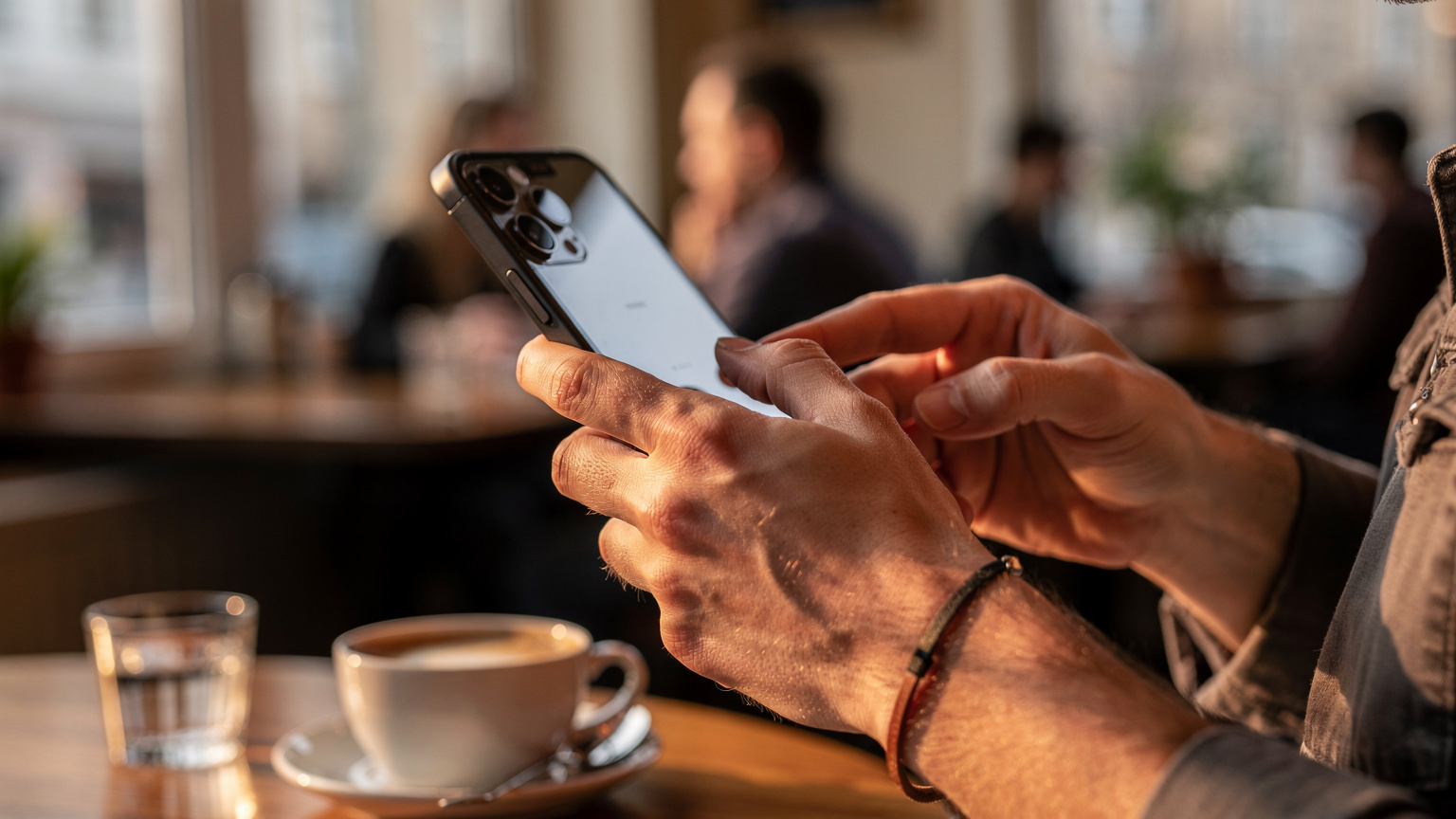 Крупний план рук українського мандрівника, який вводить код активації eSIM на iPhone 14 Pro, перебуваючи у затишній кав'ярні у Німеччині.