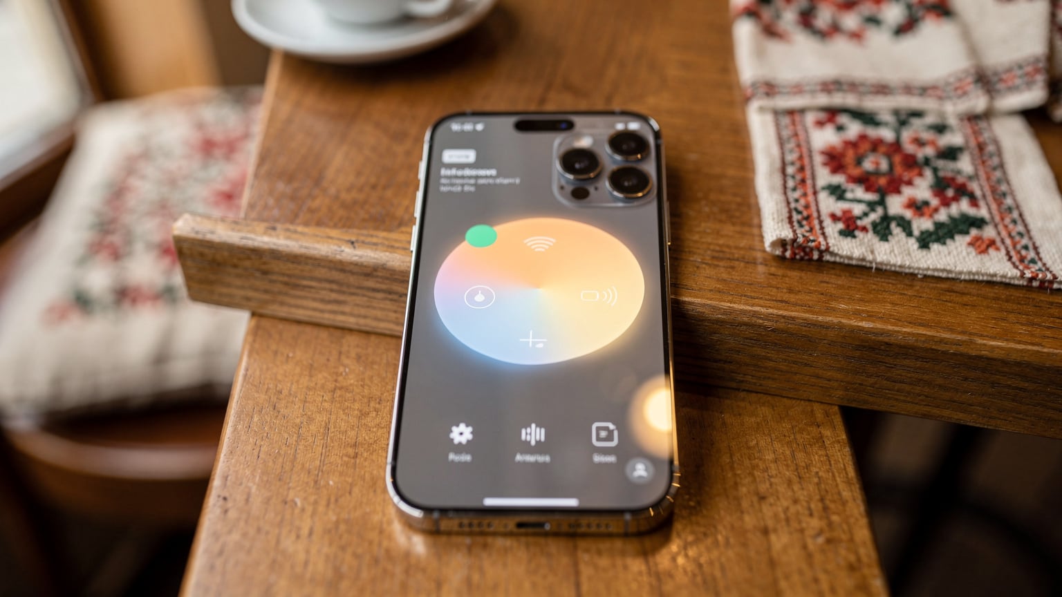 Сучасний iPhone 15 Pro Max на екрані якого відображено процес налаштування eSIM у мобільному застосунку, на тлі затишної кав'ярні у Львові.