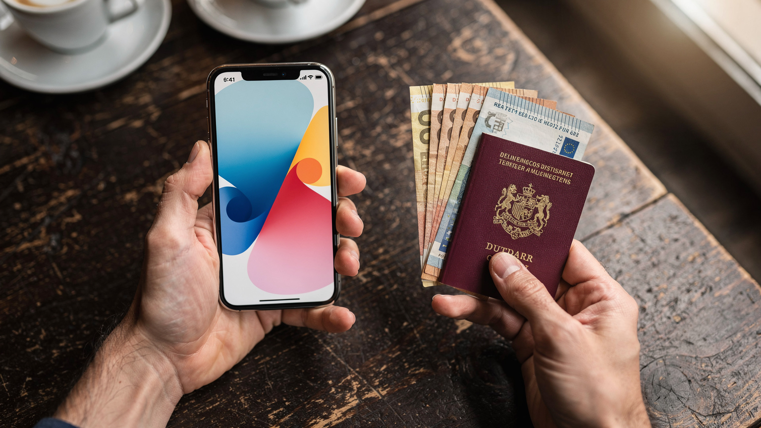 Een close-up van een hand die een smartphone vasthoudt met de Cellesim-app open, terwijl de andere hand een paspoort en een klein stapeltje eurobiljetten vasthoudt, alles op een donkere houten tafel van een café in Lille.