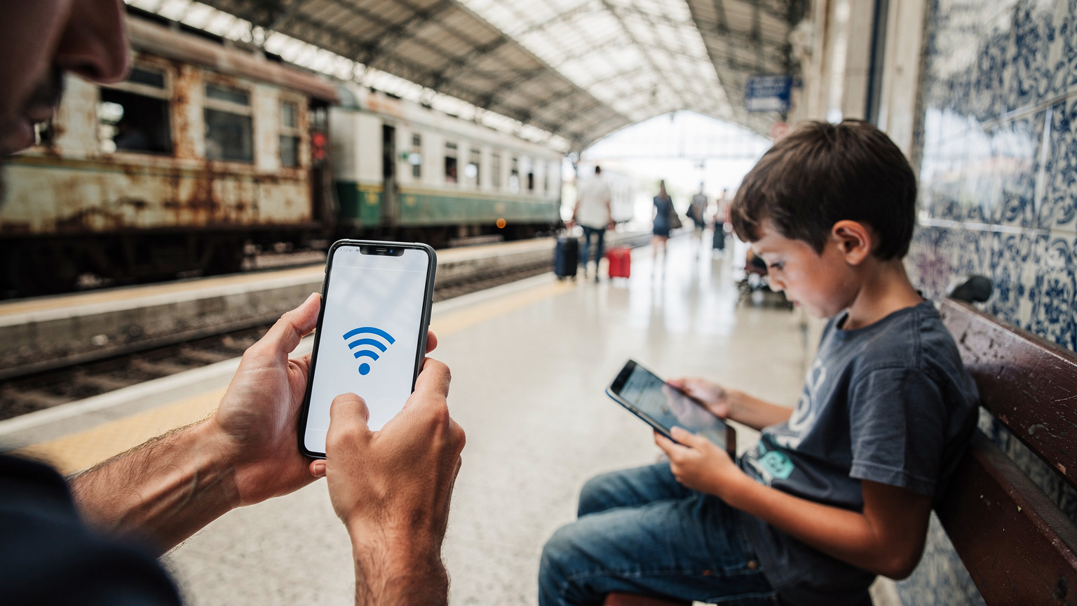 Rodič drží telefon s aktivní eSIM a sdílí data s tabletem dítěte v rušném prostředí portugalského vlakového nádraží, což ilustruje snadné a bezpečné sdílení připojení.