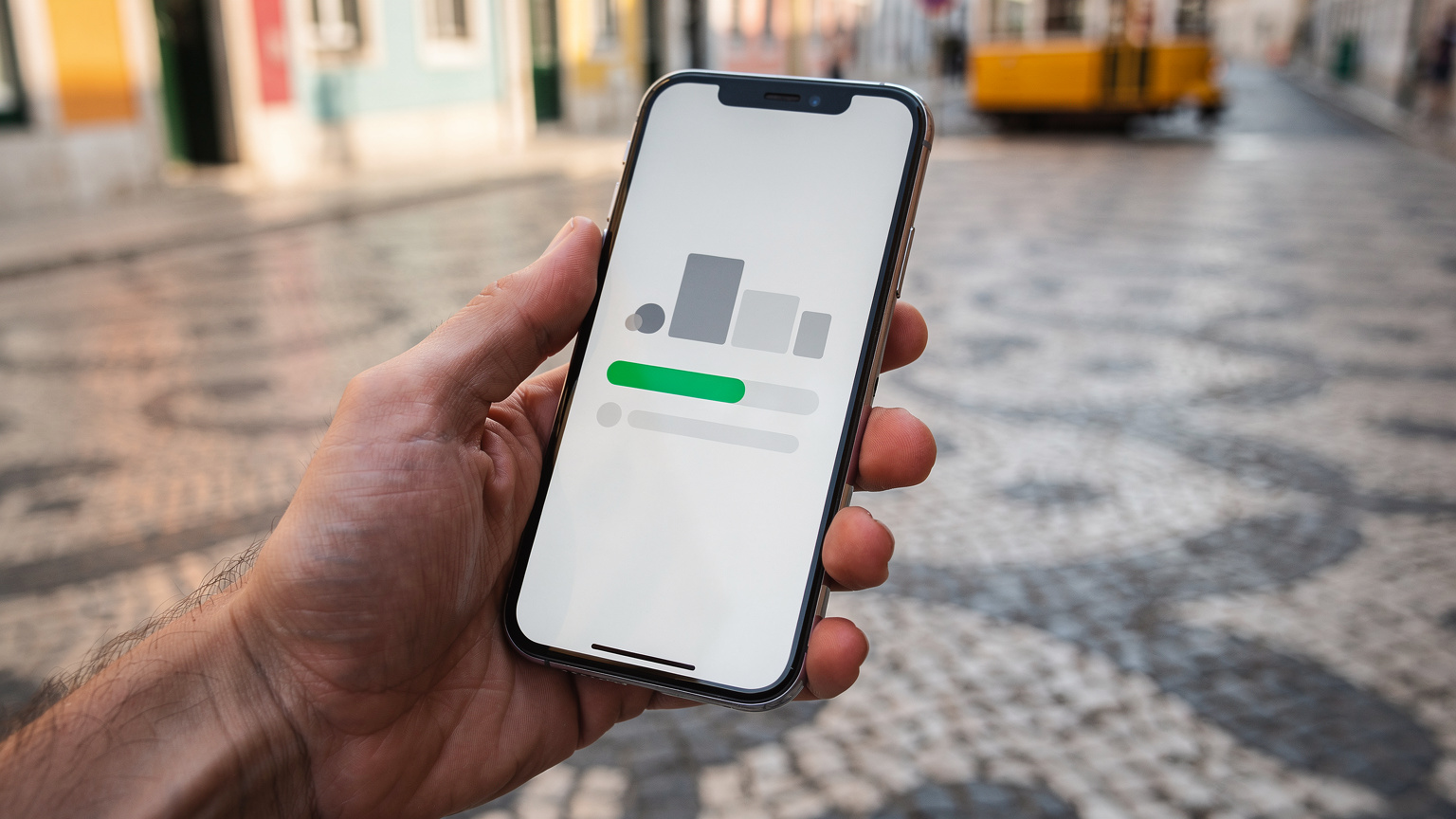 Zblízka na ruce, která drží telefon s otevřenou aplikací eSIM, kde se zobrazuje zbývající objem dat, s pozadím historické dlažby a fasád Lisabonu.