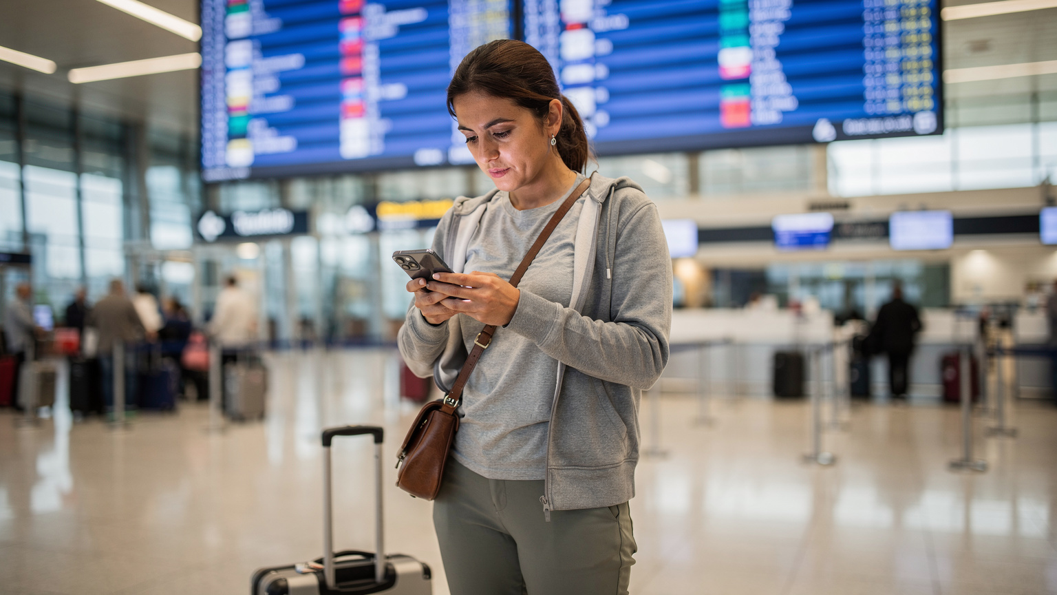 Eine Frau steht am internationalen Flughafen Tirana, blickt besorgt auf ihr Smartphone, während sie vor einem großen Abflugmonitor mit Flugzeiten steht, und versucht, eine Verbindung herzustellen.
