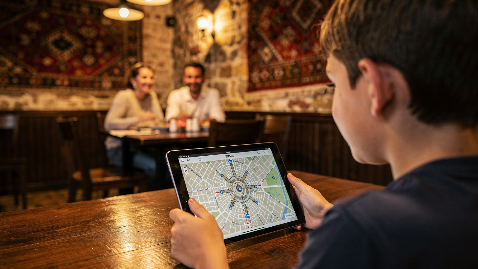 Ein Kind hält ein Tablet mit einer detaillierten Offline-Karte der Innenstadt von Tirana, während im Hintergrund seine Eltern in einem traditionellen albanischen Restaurant mit farbenfrohen Teppichen und Holzmöbeln sitzen.