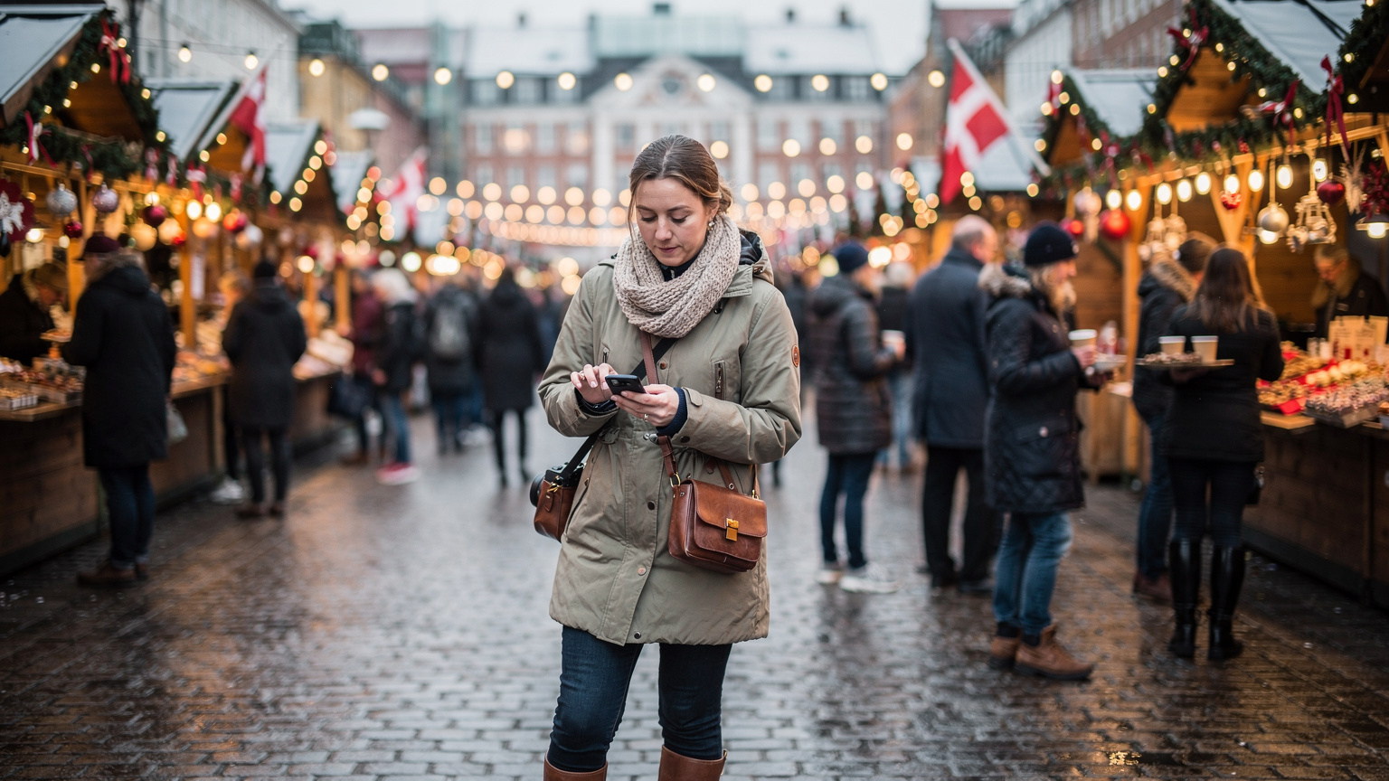 En reisende sjekker kartet på sin smarttelefon, mens hun navigerer gjennom julemarkedet i København, med glade mennesker og boder i bakgrunnen.