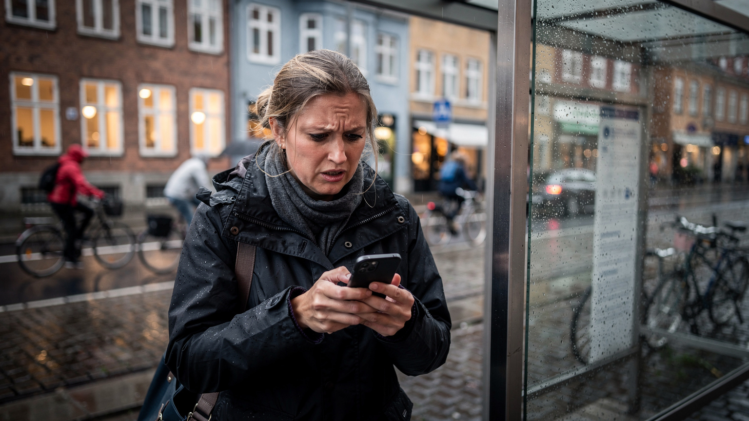 En kvinne med en bekymret mine ser på telefonen sin ved en bussholdeplass i regnfullt vær i København, mens hun sliter med å finne Wi-Fi eller dekning.