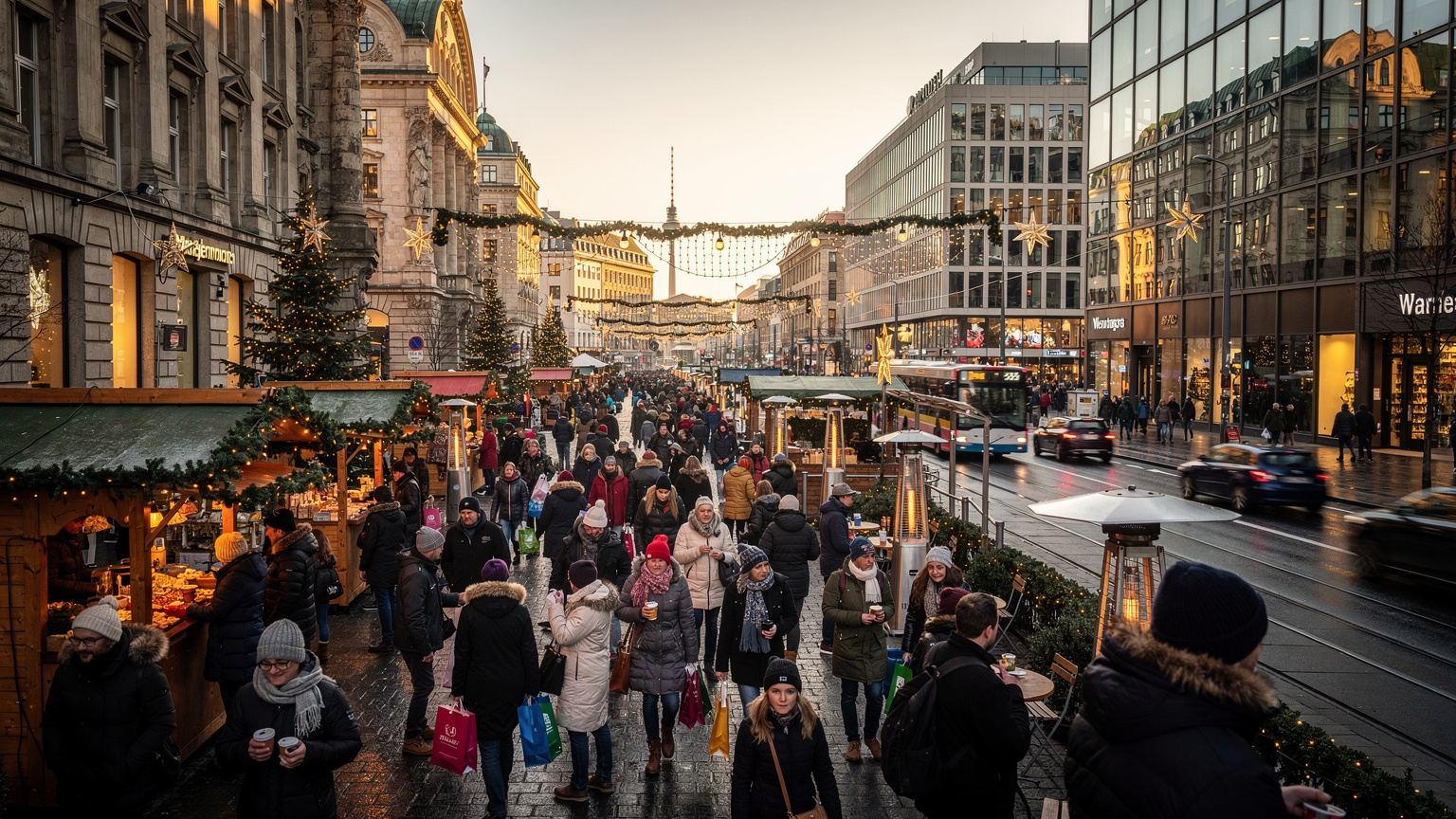 En travel handlegate i Berlin i desember, med julemarkedsboder og folk som shopper, sett fra et litt høyt perspektiv som fanger byens energi.