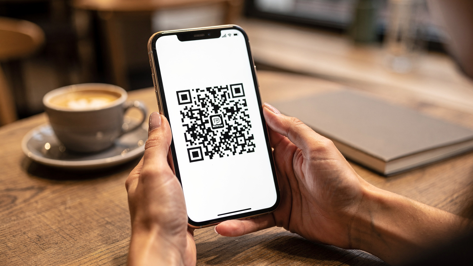 Nærbilde av en kvinnes hender som holder en smarttelefon med en eSIM-app åpen, med en QR-kode klar til skanning, på et bord med en kopp kaffe og et notisblokk på en kafé i Berlin.