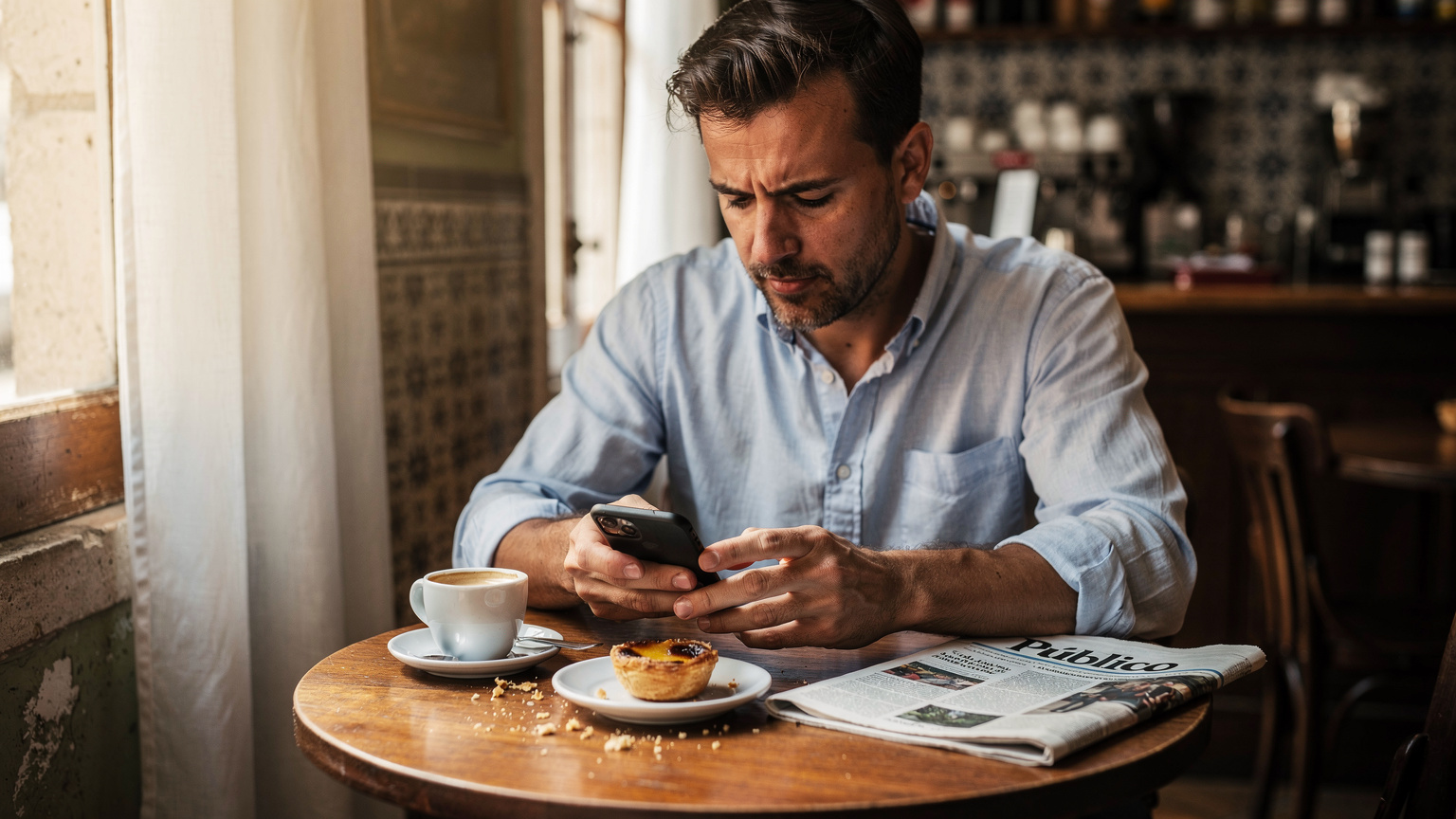 A traveler meticulously adjusting dual SIM settings on their iPhone in a café, with a half-eaten pastry and a local newspaper on the table, reflecting careful budget management.