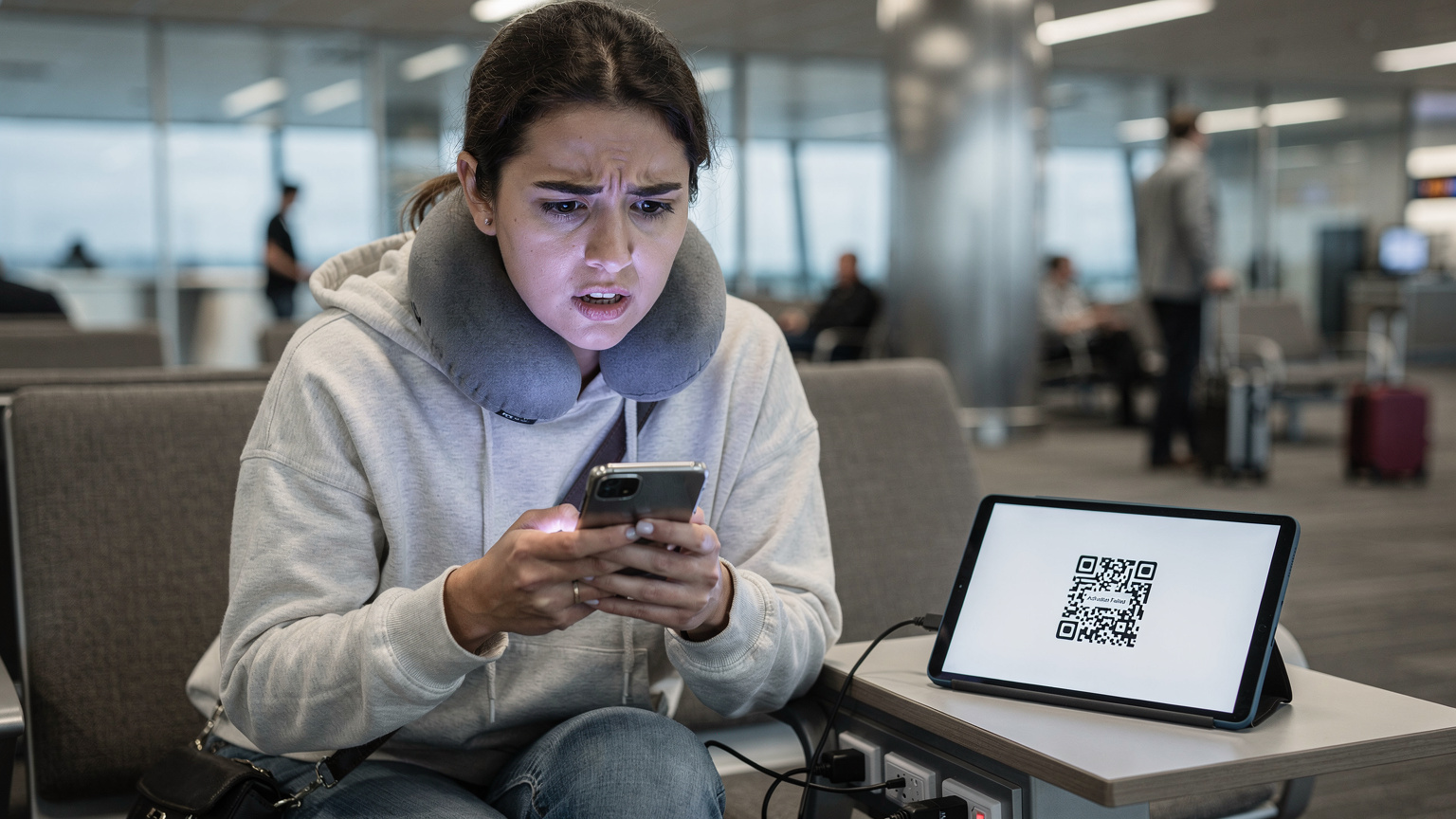 A traveler at a busy airport lounge, looking frustrated as their phone displays an eSIM activation error, while a tablet beside them shows the QR code.