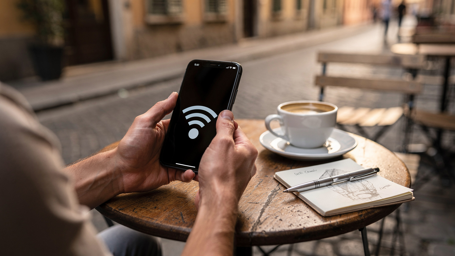 A person sitting at a small, rustic cafe table in a European city, their phone screen showing a Wi-Fi calling icon, with a local coffee and sketchbook nearby.