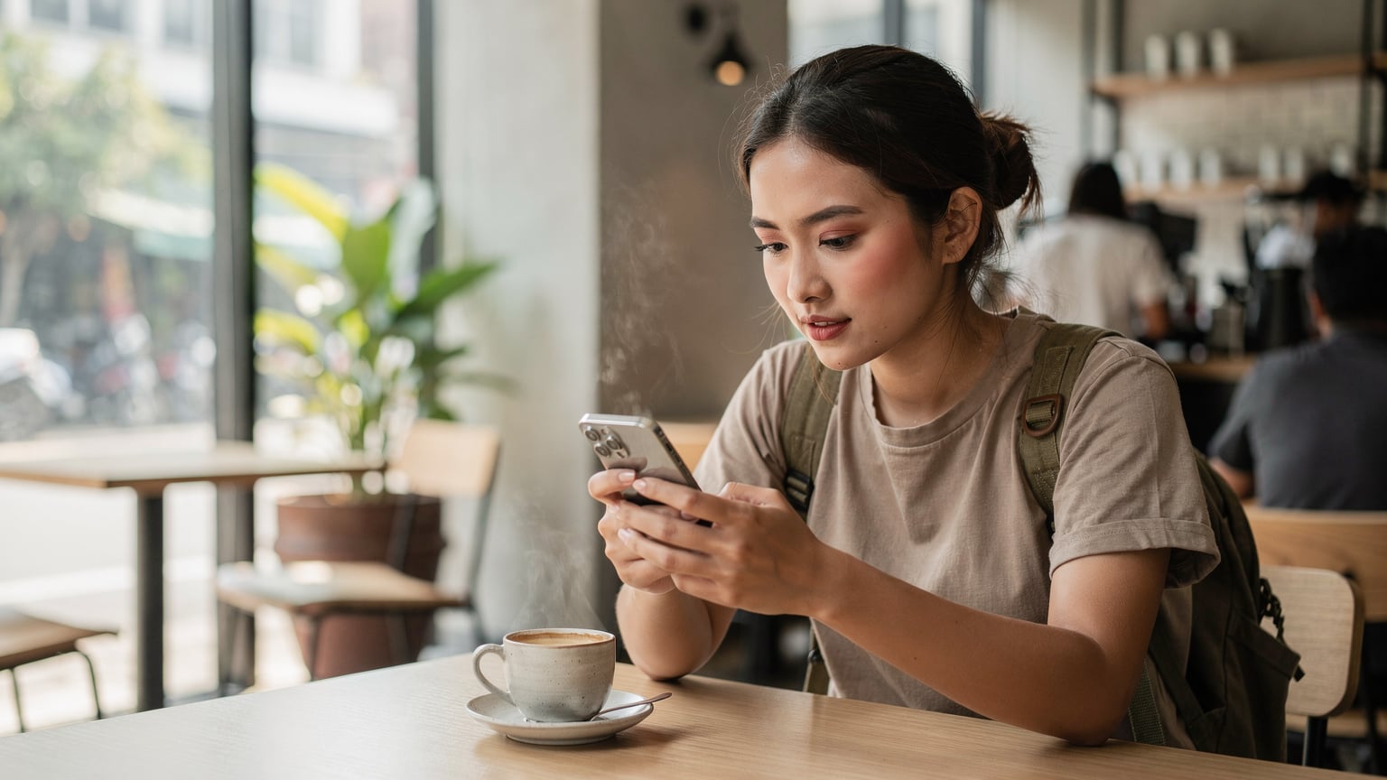 Seorang backpacker perempuan muda sedang memeriksa kompatibilitas iPhone 17 miliknya di sebuah kedai kopi bergaya minimalis di Jakarta, memastikan perangkatnya siap untuk eSIM sebelum perjalanan internasional.