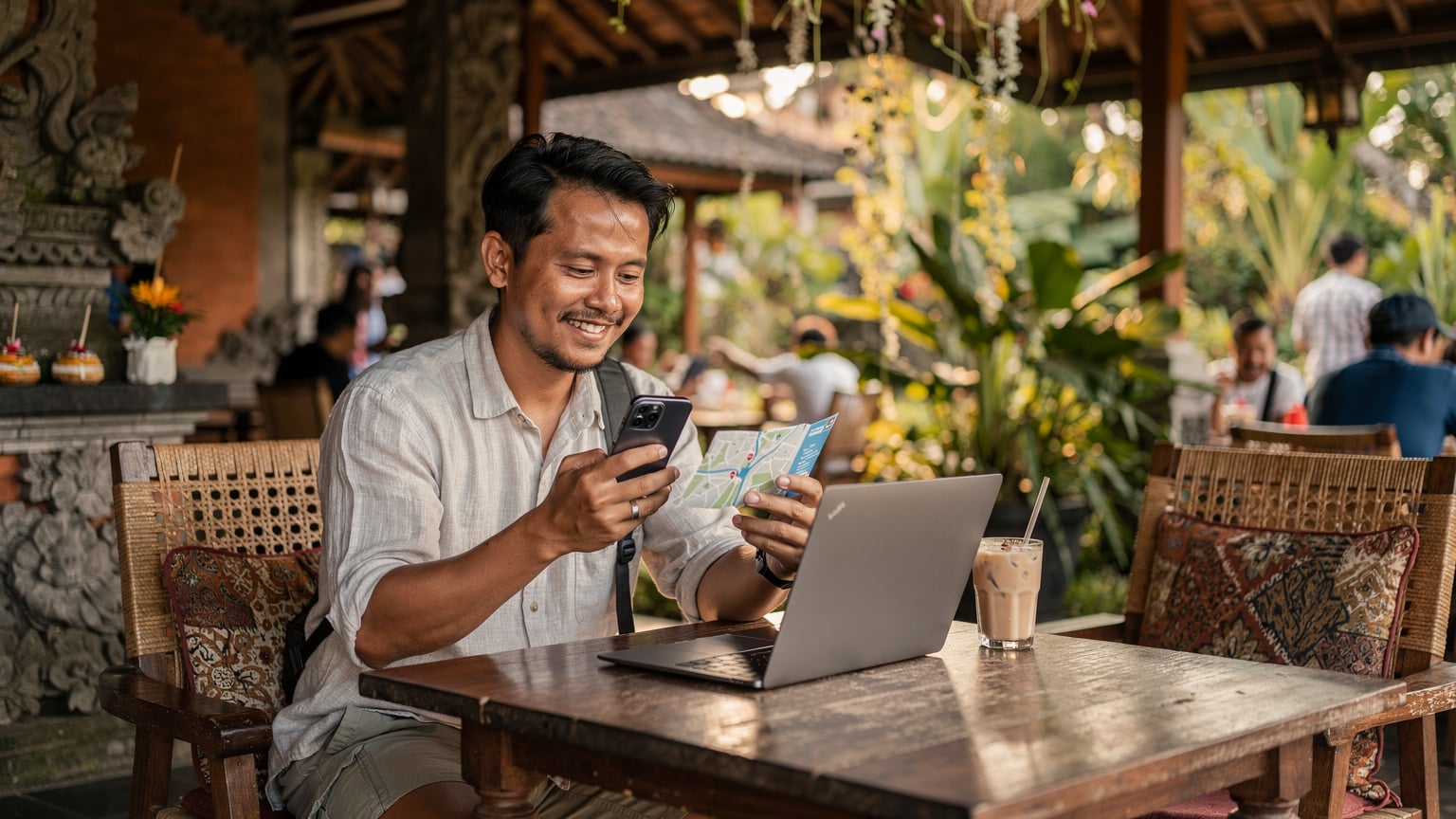 Seorang backpacker sedang memegang iPhone 17 dan tersenyum melihat peta offline di sebuah kafe yang ramai di kawasan Ubud, Bali, dengan laptop dan segelas kopi di meja, memanfaatkan Wi-Fi gratis.