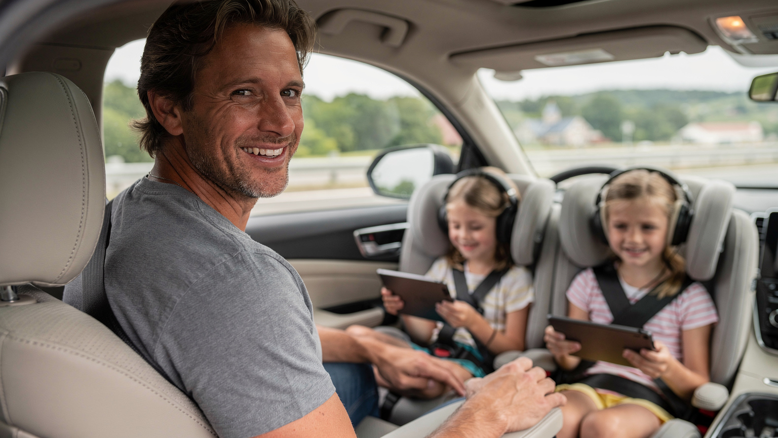 Un padre sonríe mientras sus hijos, sentados cómodamente en el asiento trasero de un coche de alquiler, están absortos en sus tablets con auriculares, mostrando la conveniencia de la conectividad en carretera.