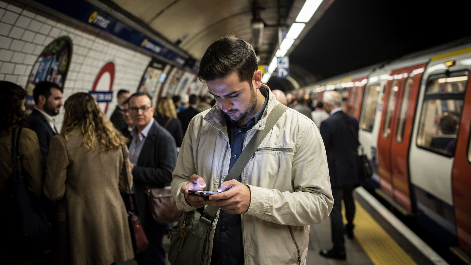 Un voyageur consulte son téléphone pour l'itinéraire du Tube de Londres, dans une station de métro animée aux heures de pointe.