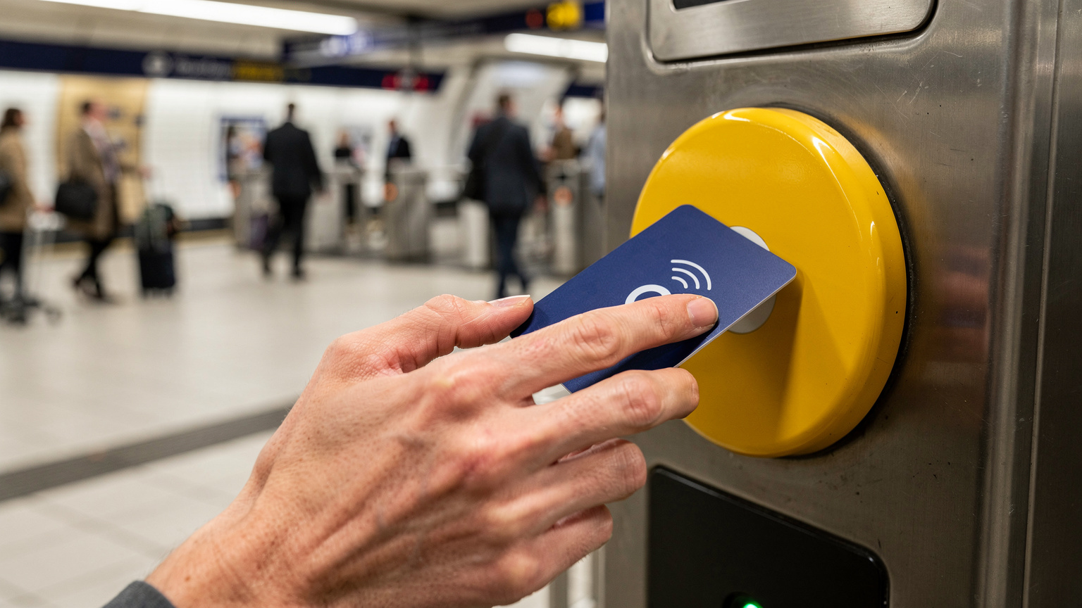 Manos de un viajero deslizan una tarjeta Oyster por el lector en una estación de metro de Londres, mostrando la eficiencia del transporte.