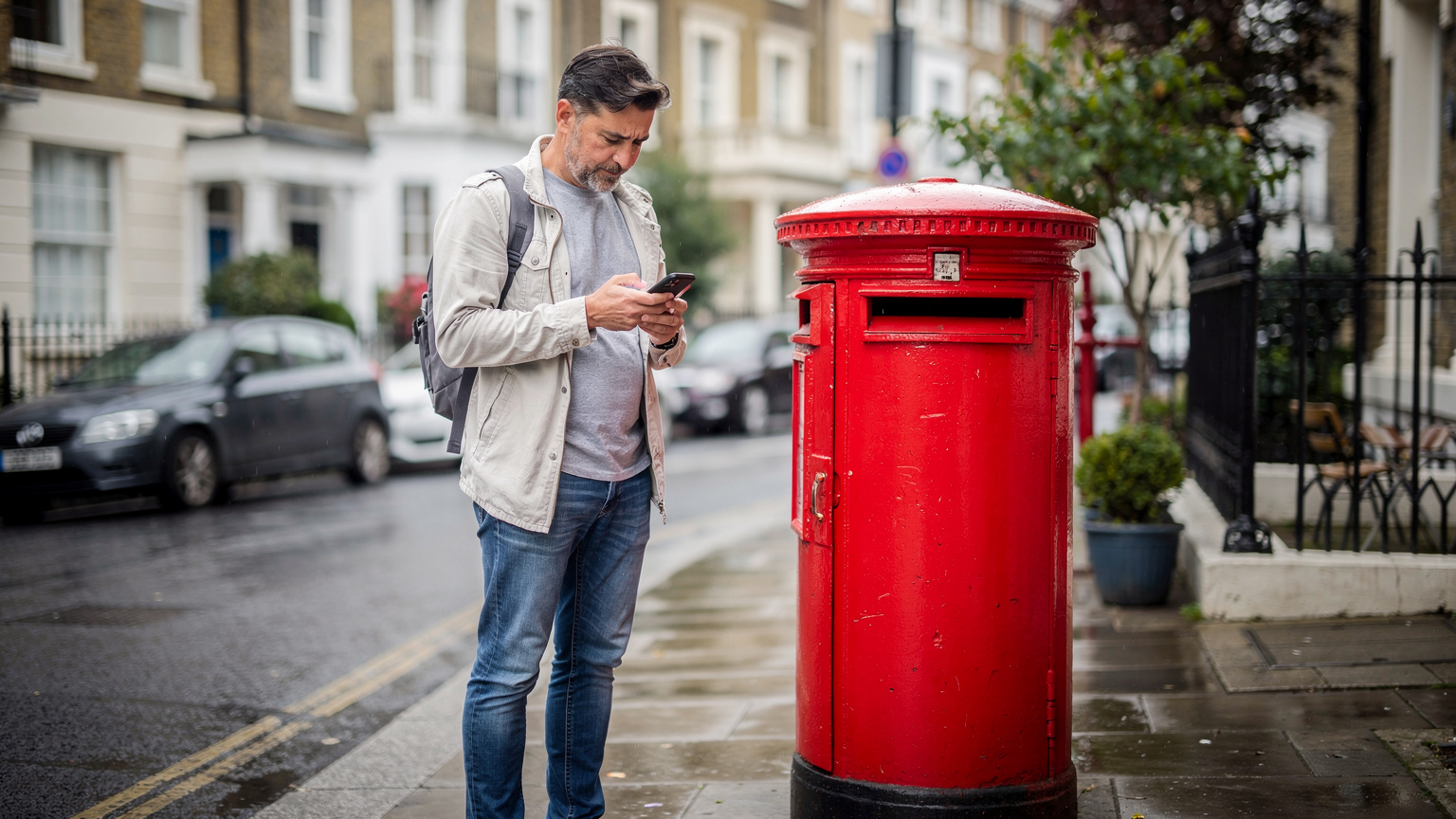Un viajero consulta su teléfono buscando indicaciones mientras el cielo encapotado de Londres amenaza lluvia, cerca de un icónico buzón rojo.