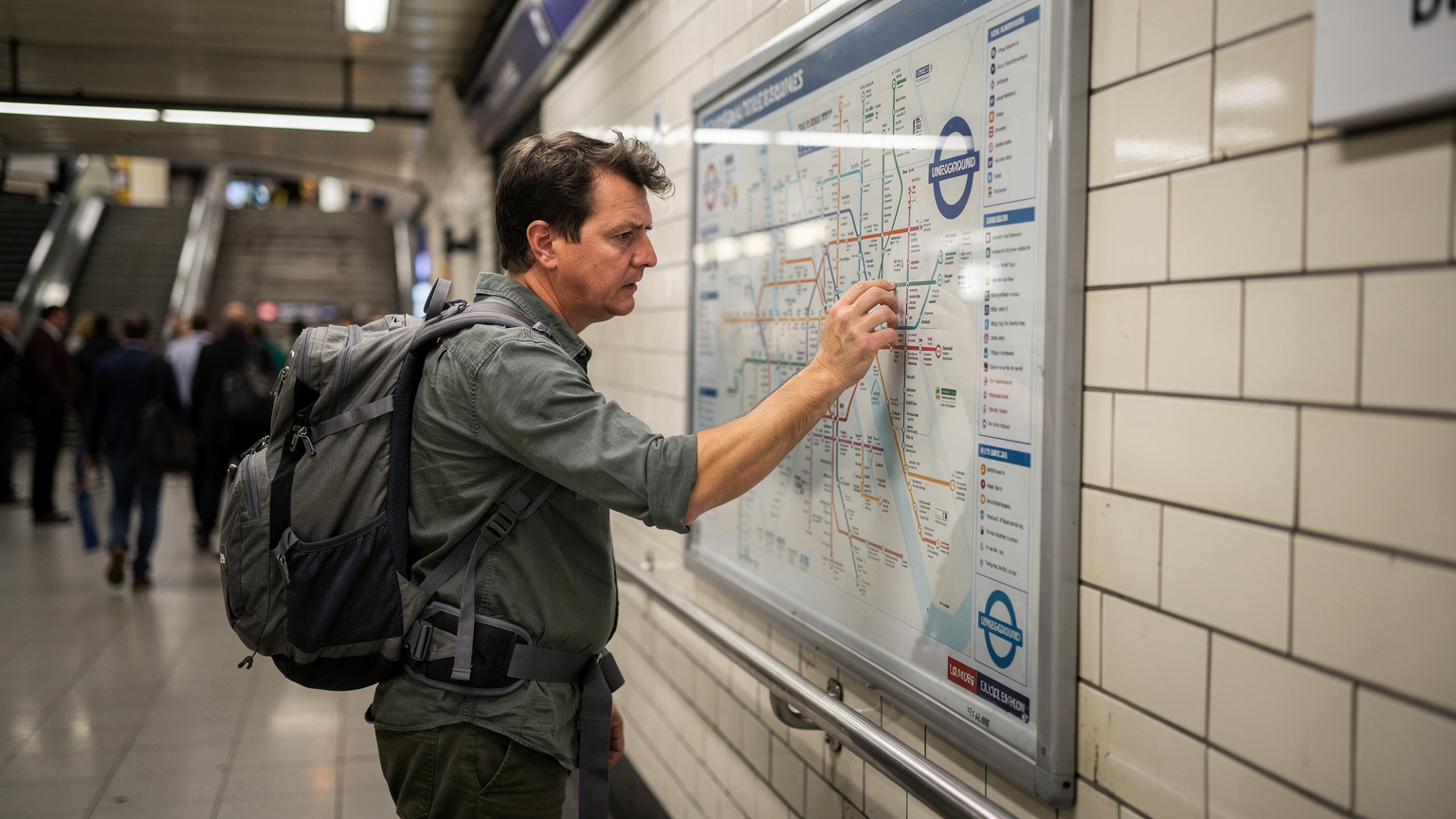 Un călător, cu rucsacul pe spate, privește cu atenție o hartă fizică a unei stații de metrou aglomerate din Londra, încercând să se orienteze.